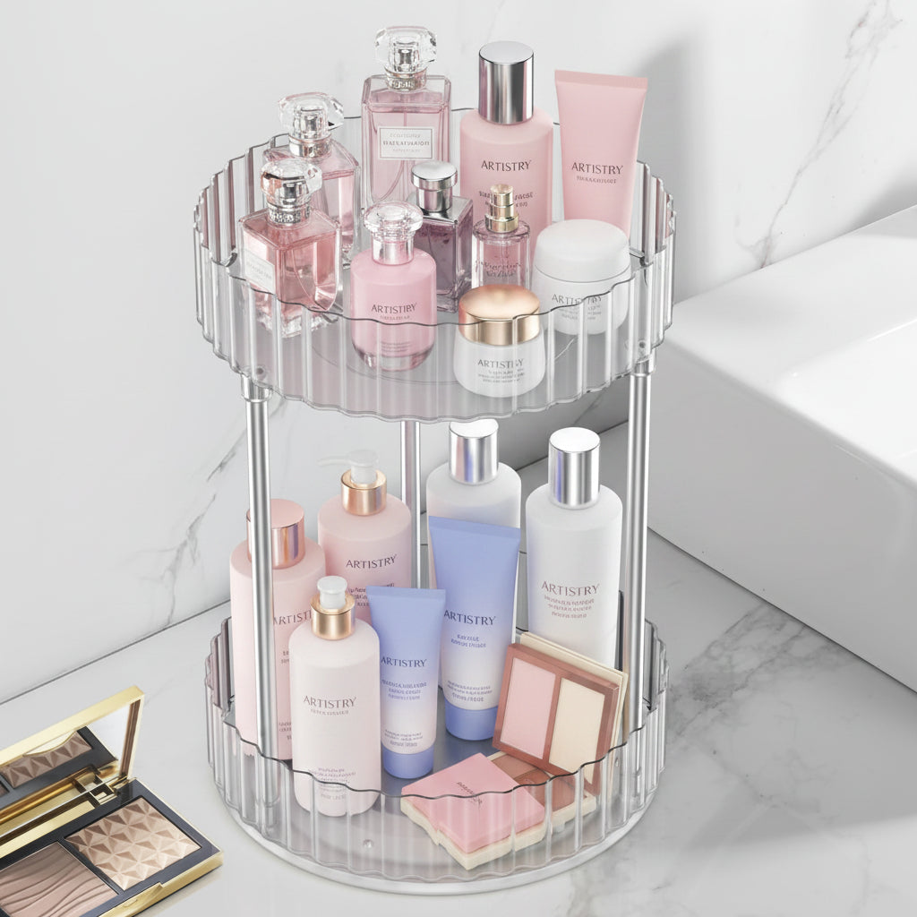 WNYT Makeup Organizer360° Rotating Makeup Organizer 2-Tier Round Rotating Skincare Organizer CountertopFits Bedroom Bathroom Vanity Shelf Countertop(Clear)