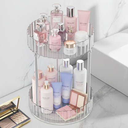 WNYT Makeup Organizer360° Rotating Makeup Organizer 2-Tier Round Rotating Skincare Organizer CountertopFits Bedroom Bathroom Vanity Shelf Countertop(Clear)