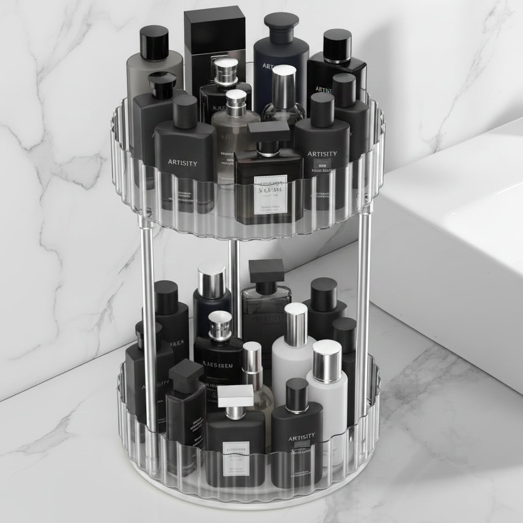 WNYT Makeup Organizer360° Rotating Makeup Organizer 2-Tier Round Rotating Skincare Organizer CountertopFits Bedroom Bathroom Vanity Shelf Countertop(Clear)
