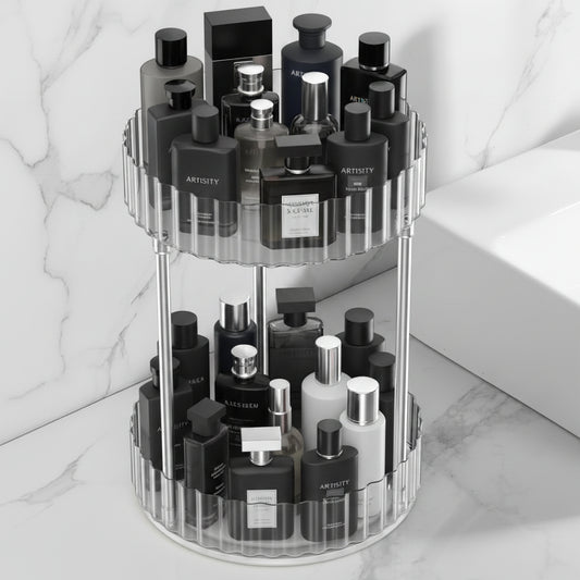 WNYT Makeup Organizer360° Rotating Makeup Organizer 2-Tier Round Rotating Skincare Organizer CountertopFits Bedroom Bathroom Vanity Shelf Countertop(Clear)