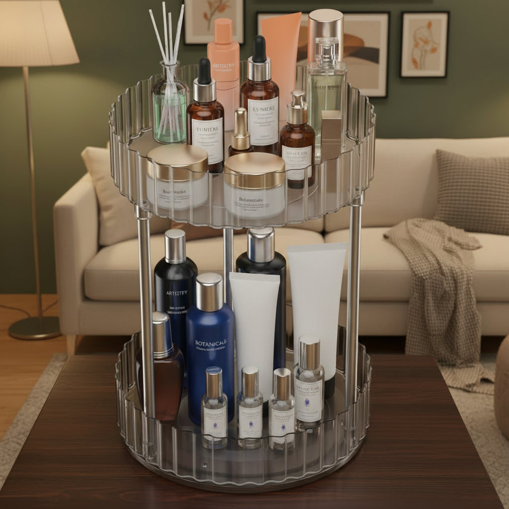 WNYT Makeup Organizer360° Rotating Makeup Organizer 2-Tier Round Rotating Skincare Organizer CountertopFits Bedroom Bathroom Vanity Shelf Countertop(Clear)