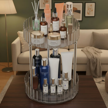WNYT Makeup Organizer360° Rotating Makeup Organizer 2-Tier Round Rotating Skincare Organizer CountertopFits Bedroom Bathroom Vanity Shelf Countertop(Clear)