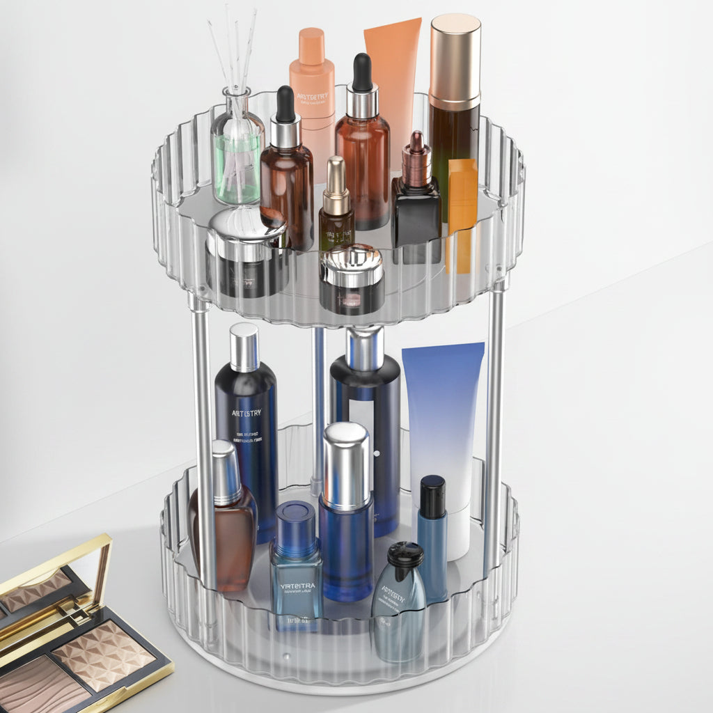WNYT Makeup Organizer360° Rotating Makeup Organizer 2-Tier Round Rotating Skincare Organizer CountertopFits Bedroom Bathroom Vanity Shelf Countertop(Clear)